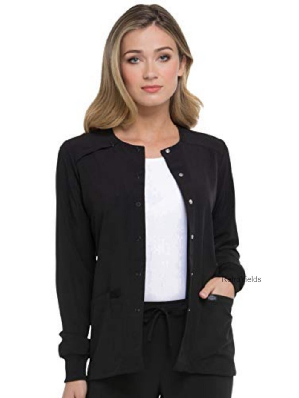 Women's Snap Front Scrub Jacket Warm-Up 2 Pockets 360 Stretch Polyester Spandex
